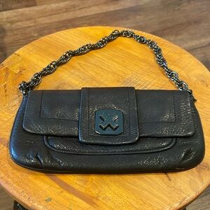 Calvin Klein little black bag leather gunmetal hardware light wear black 10X5